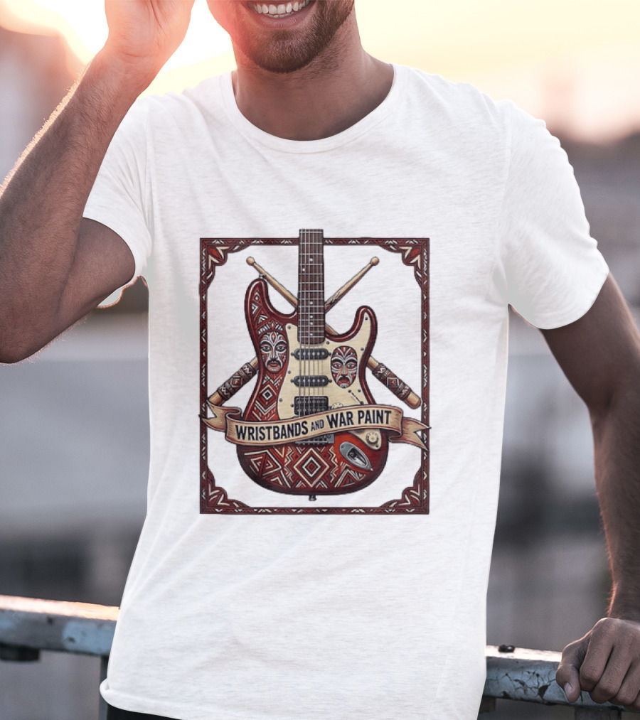 Wristbands And War Paint Electric Guitar Tribal Mask T-Shirt