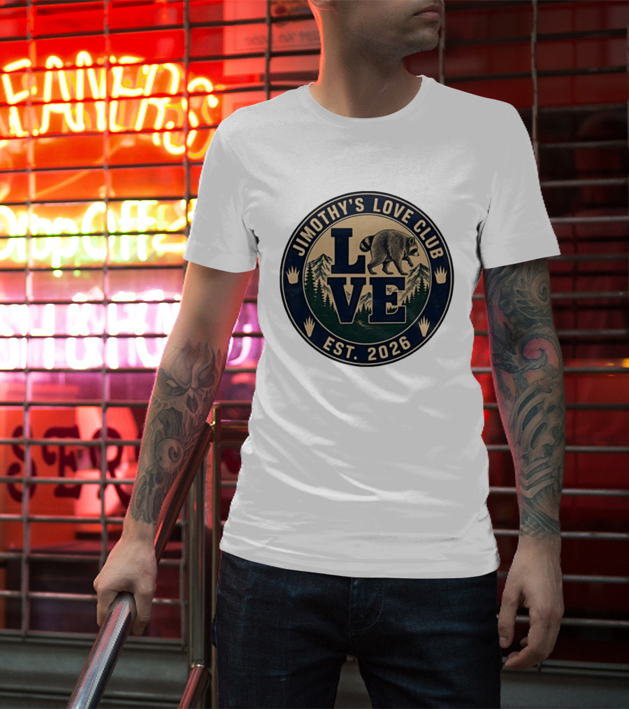 Jimothy's Love Club Raccoon Love Est 2026 Mountain Shield T-Shirt