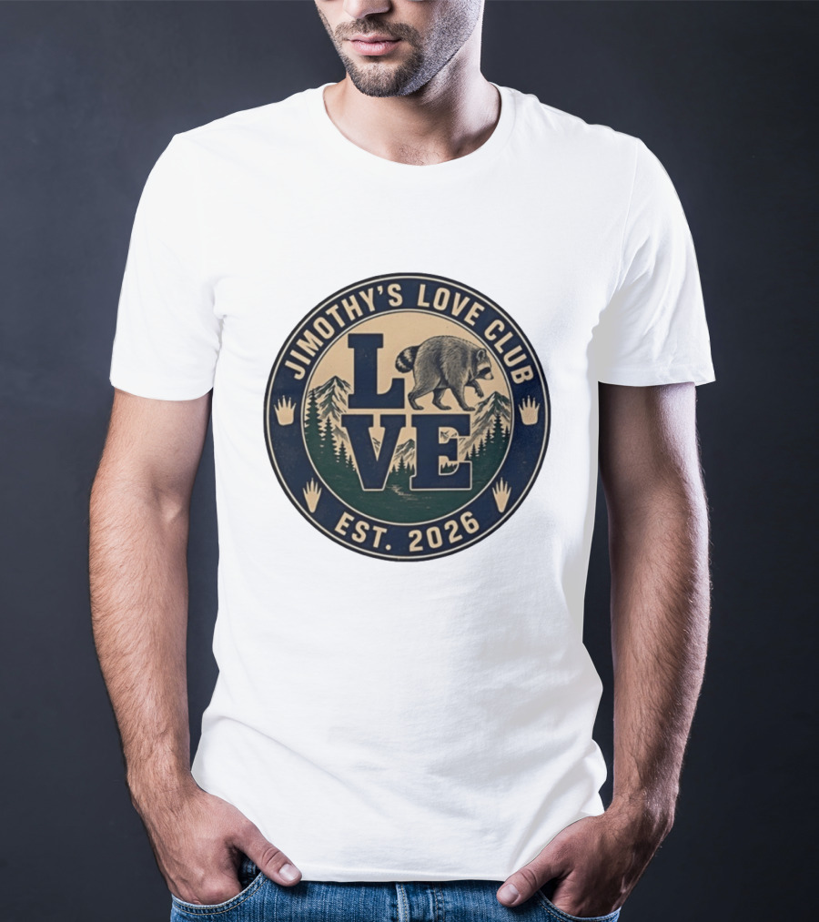 Jimothy's Love Club Raccoon Love Est 2026 Mountain Shield T-Shirt
