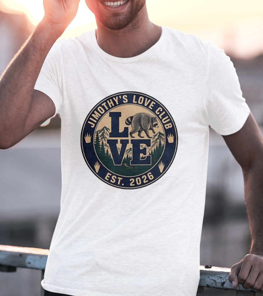 Jimothy's Love Club Raccoon Love Est 2026 Mountain Shield T-Shirt