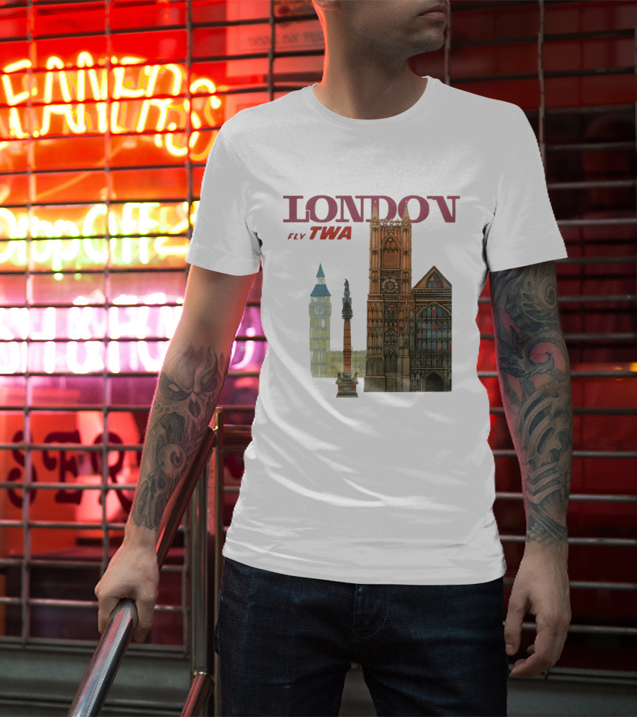 London Fly TWA Travel Big Ben Westminster Abbey Landmark T-Shirt
