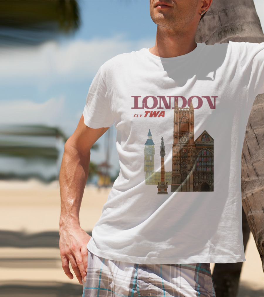 London Fly TWA Travel Big Ben Westminster Abbey Landmark T-Shirt