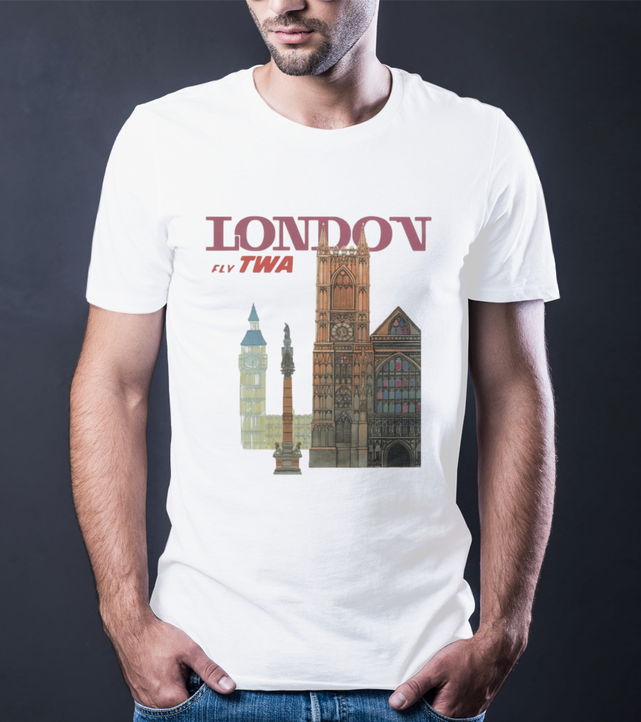 London Fly TWA Travel Big Ben Westminster Abbey Landmark T-Shirt