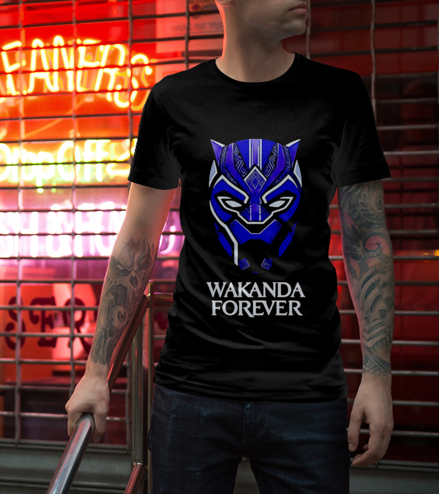 Wakanda Forever Blue Black Panther Mask Marvel T-Shirt