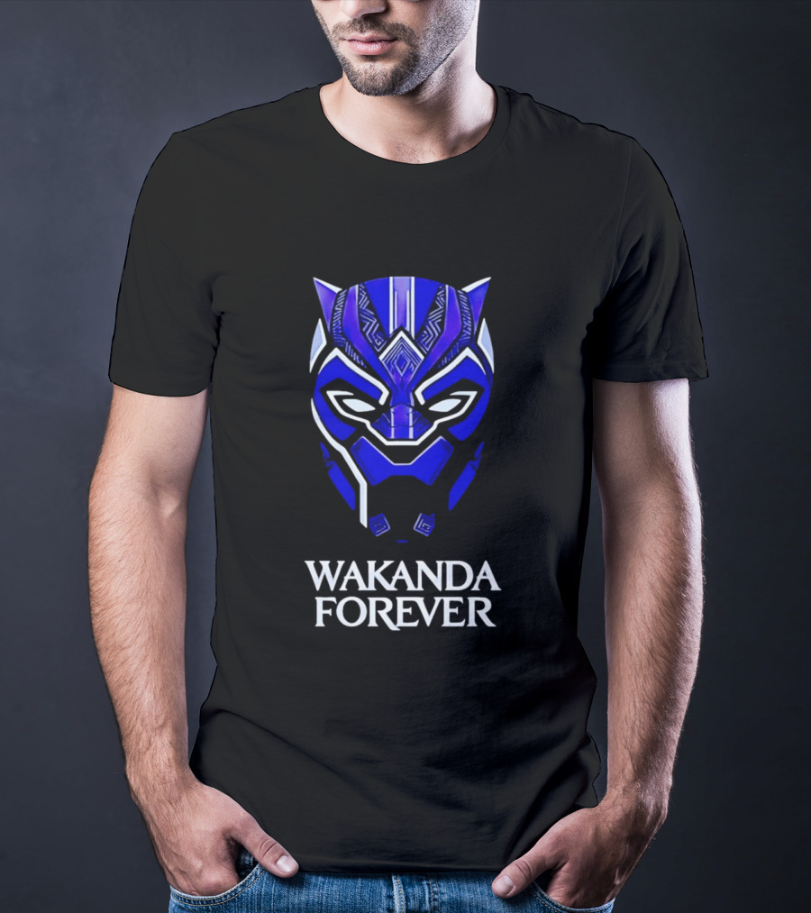 Wakanda Forever Blue Black Panther Mask Marvel T-Shirt