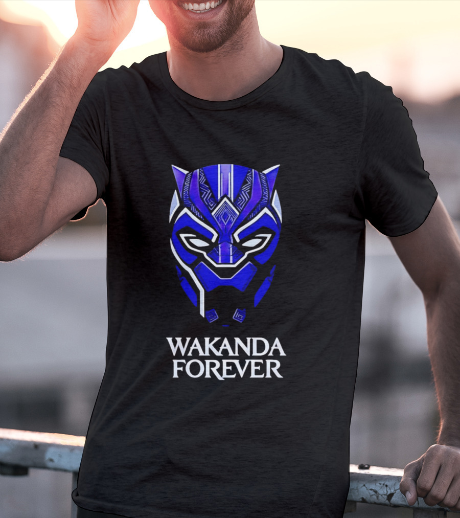 Wakanda Forever Blue Black Panther Mask Marvel T-Shirt