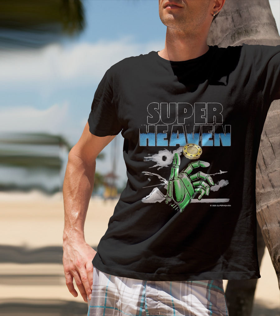 Superheaven Robotic Hand Space Adventure Coin And Mountain Scene T-Shirt