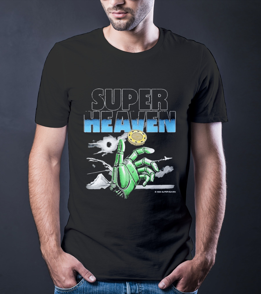 Superheaven Robotic Hand Space Adventure Coin And Mountain Scene T-Shirt