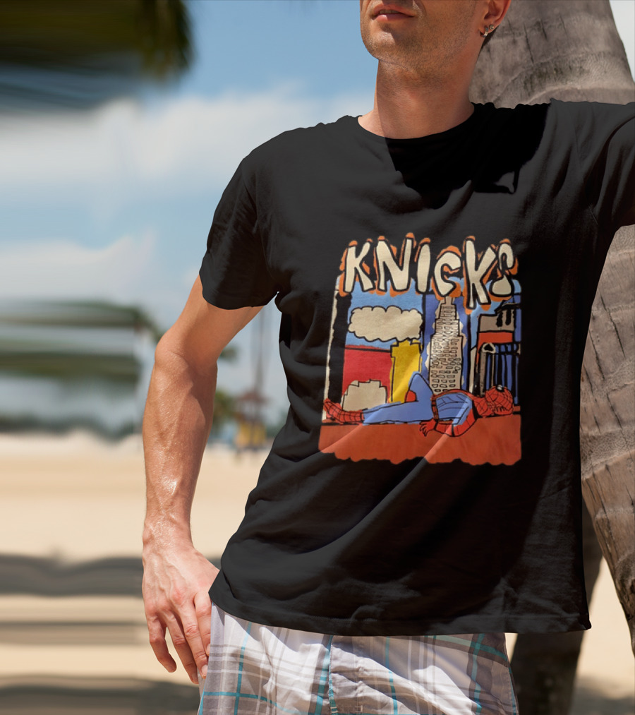 New York Knicks Spiderman Marvel NBA Basketball Skyline T-Shirt