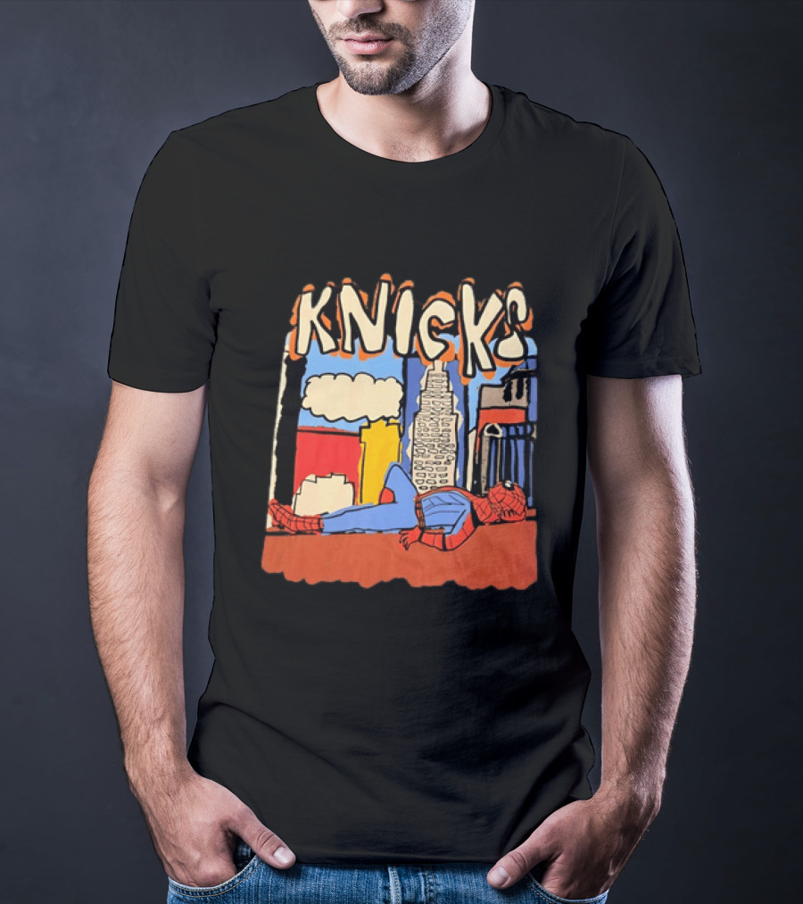 New York Knicks Spiderman Marvel NBA Basketball Skyline T-Shirt