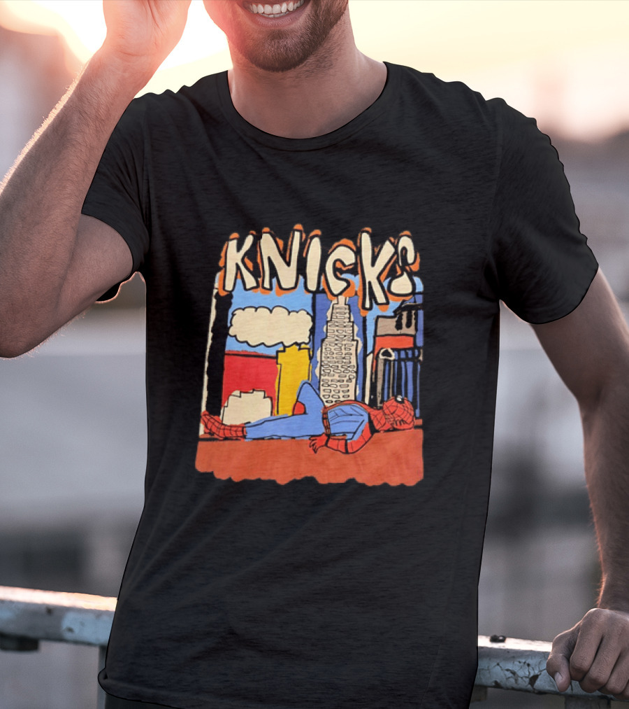 New York Knicks Spiderman Marvel NBA Basketball Skyline T-Shirt