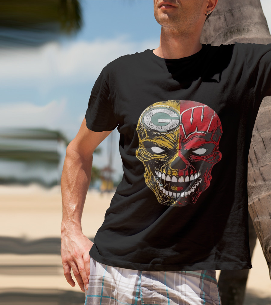 Wisconsin Green Bay Packers Badgers G W Skull Black T-Shirt