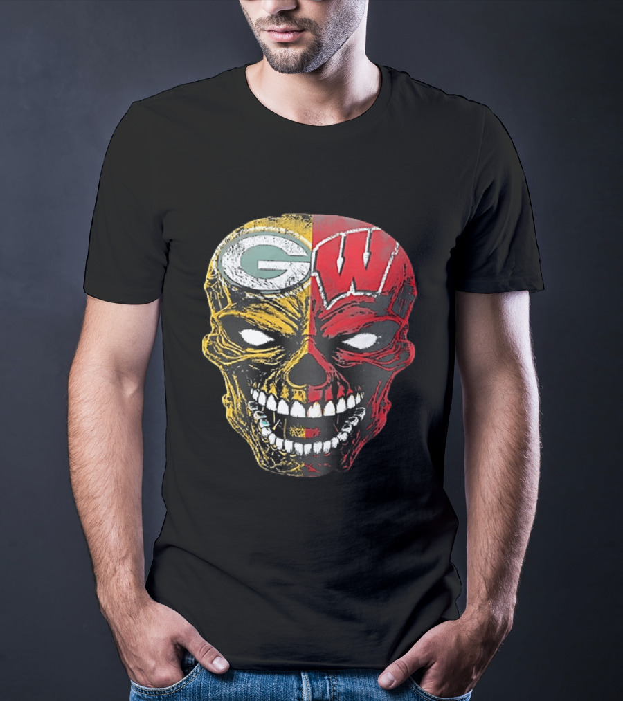 Wisconsin Green Bay Packers Badgers G W Skull Black T-Shirt