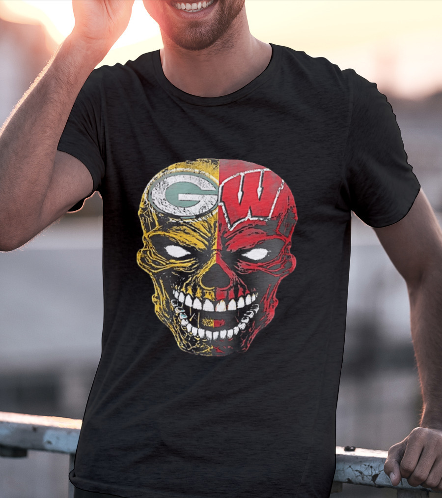 Wisconsin Green Bay Packers Badgers G W Skull Black T-Shirt