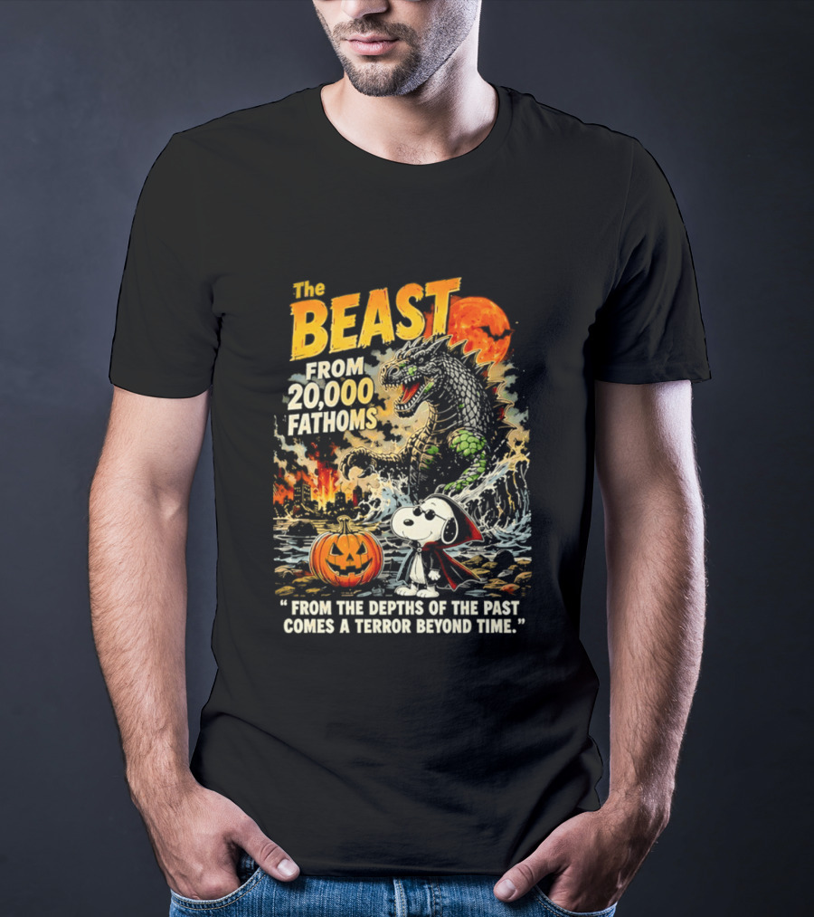 Snoopy And The Beast From 20000 Fathoms Halloween Pumpkin Terror T-Shirt