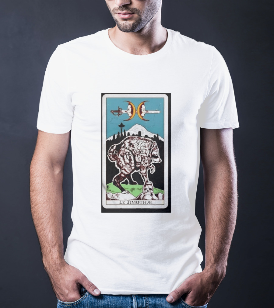 Le Jimothae Raccoon Tarot Seattle Skyline Moon Swords T-Shirt
