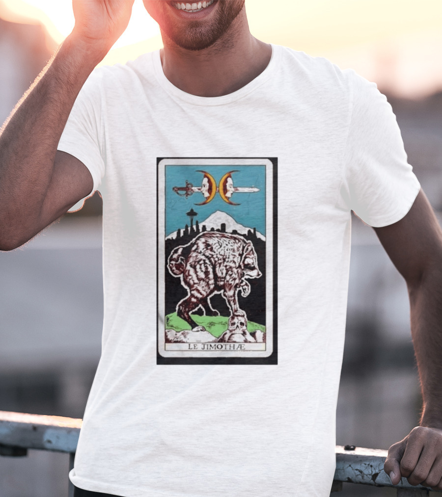 Le Jimothae Raccoon Tarot Seattle Skyline Moon Swords T-Shirt