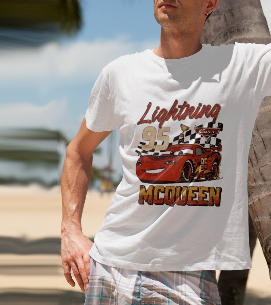Lightning McQueen 95 Cars Trophy Checkered Flags Disney Pixar T-Shirt