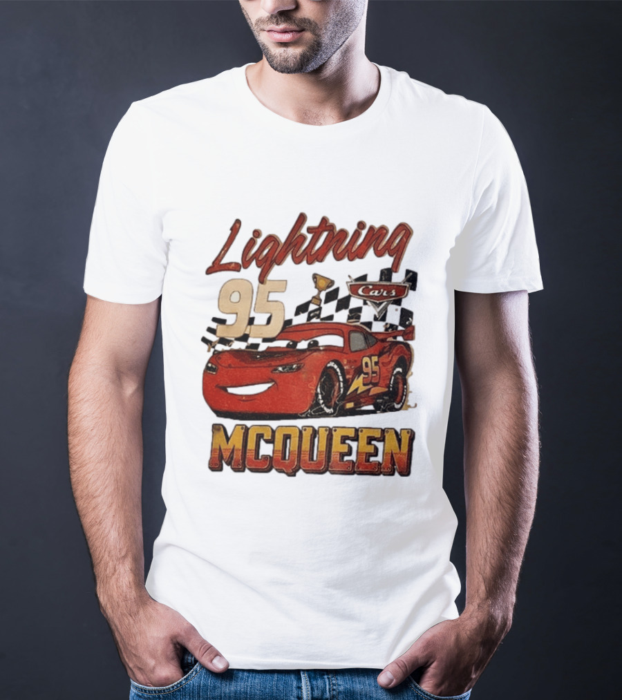 Lightning McQueen 95 Cars Trophy Checkered Flags Disney Pixar T-Shirt