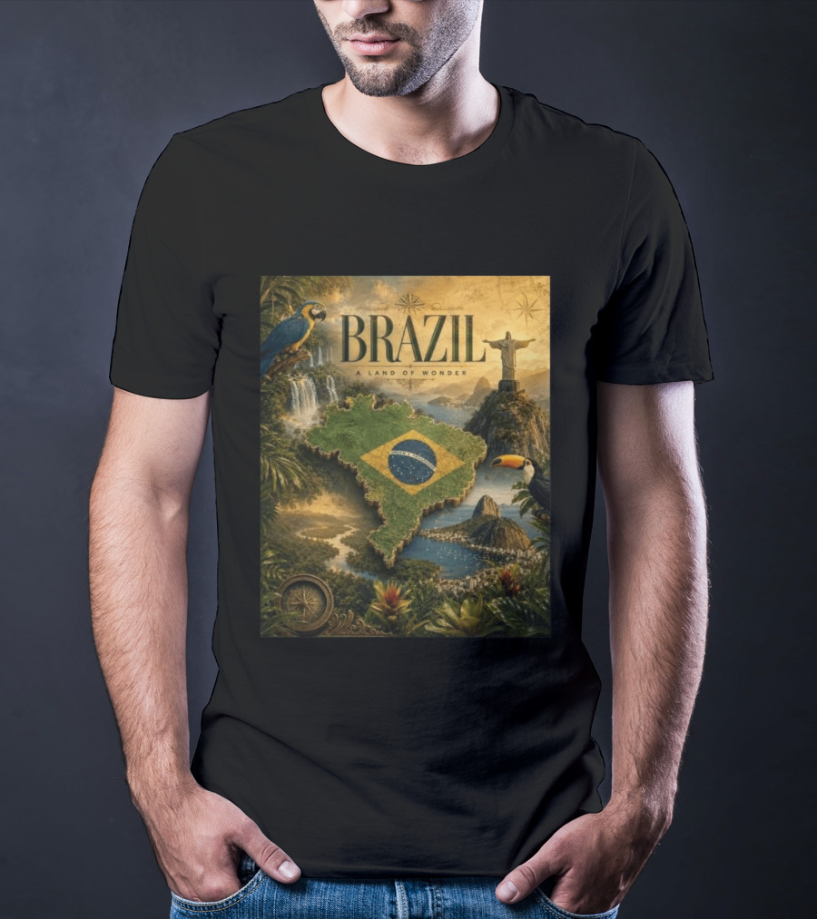 Brazil A Land Of Wonder Ordem E Progresso Christ The Redeemer Amazon Rainforest Toucan Macaw Waterfalls T-Shirt