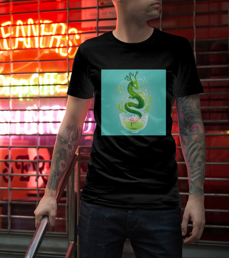 Green Tea Dragon In Teacup With Blossoms And Leaves T-Shirt