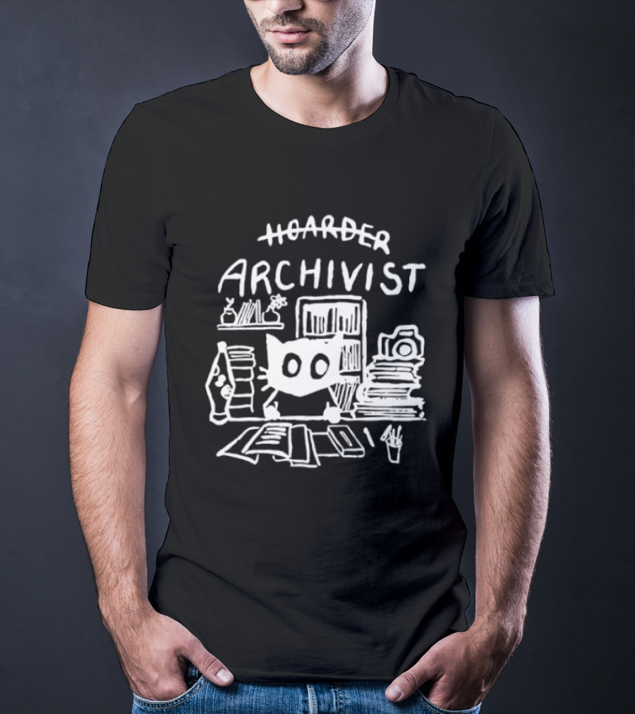 Hoarder Archivist Cat Surrounded By Books And Files T-Shirt