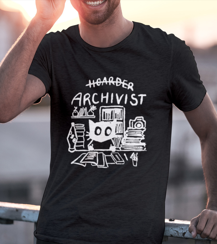 Hoarder Archivist Cat Surrounded By Books And Files T-Shirt