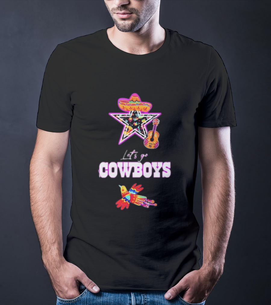 Let's Go Cowboys Mexican Folk Sombrero Star Guitar Bird T-Shirt