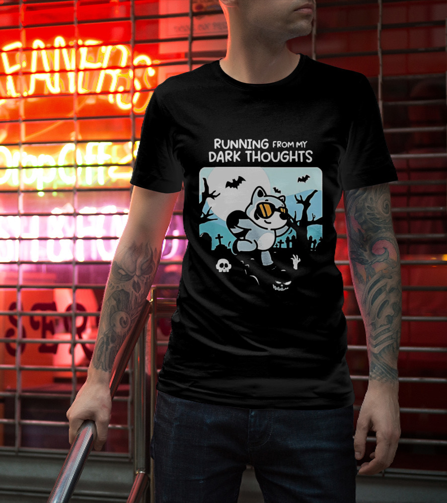 Raccoon Running From My Dark Thoughts Moonlight Bats And Graveyard Scene T-Shirt