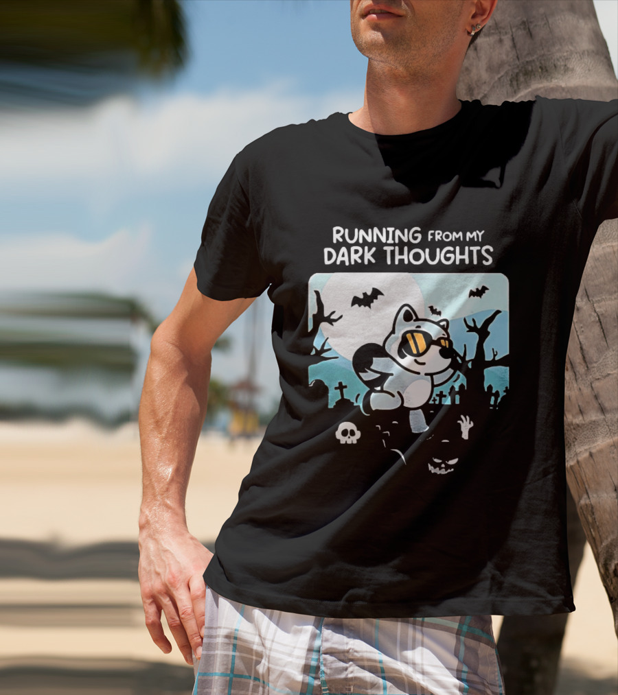 Raccoon Running From My Dark Thoughts Moonlight Bats And Graveyard Scene T-Shirt