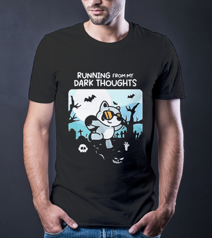 Raccoon Running From My Dark Thoughts Moonlight Bats And Graveyard Scene T-Shirt