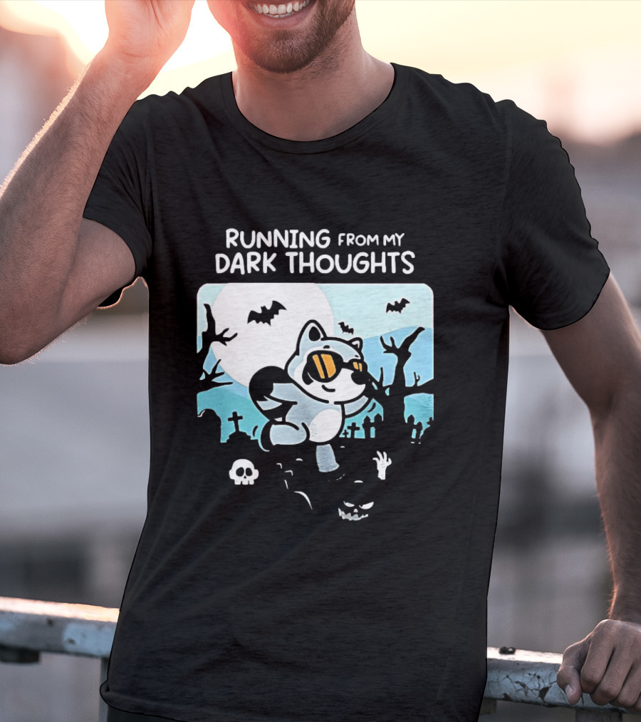 Raccoon Running From My Dark Thoughts Moonlight Bats And Graveyard Scene T-Shirt