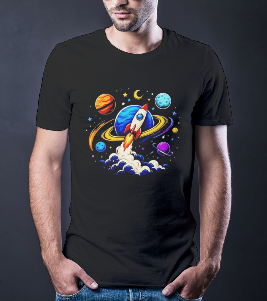 Space Rocket Launch With Vibrant Orbiting Planets And Stars T-Shirt