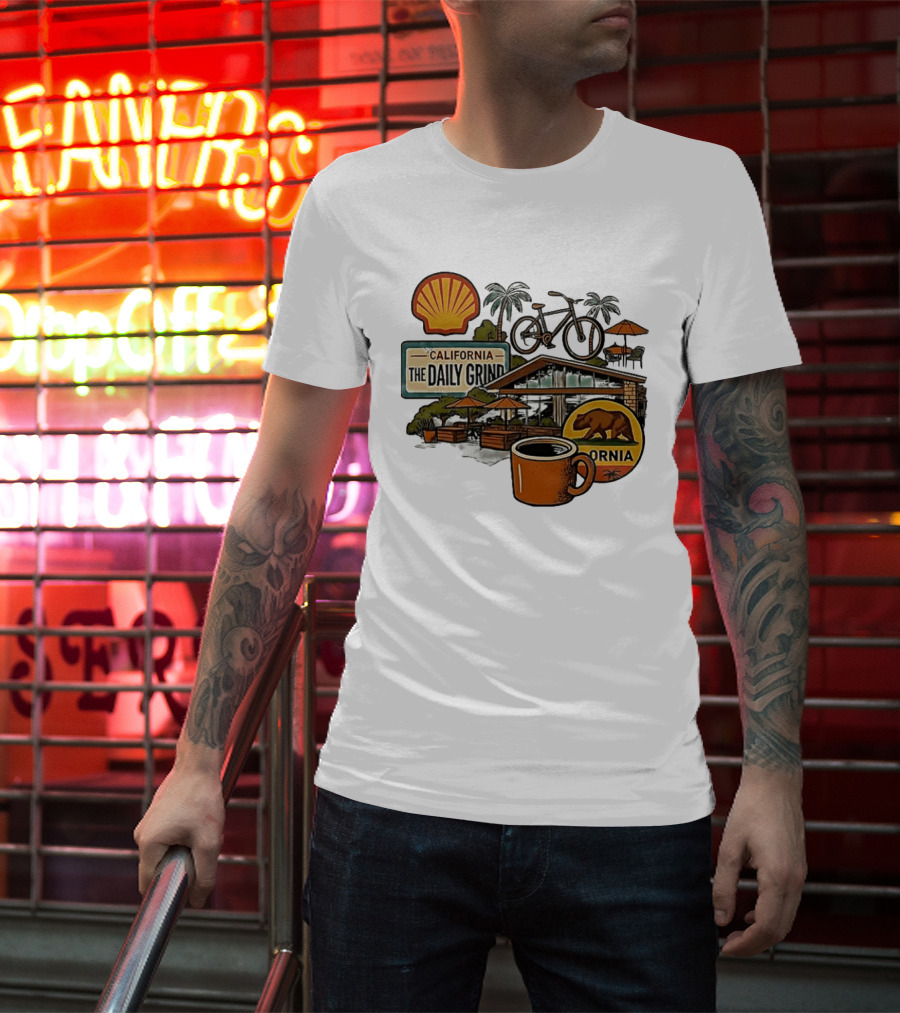 California The Daily Grind Shell Coffee Bear Bike Palms T-Shirt