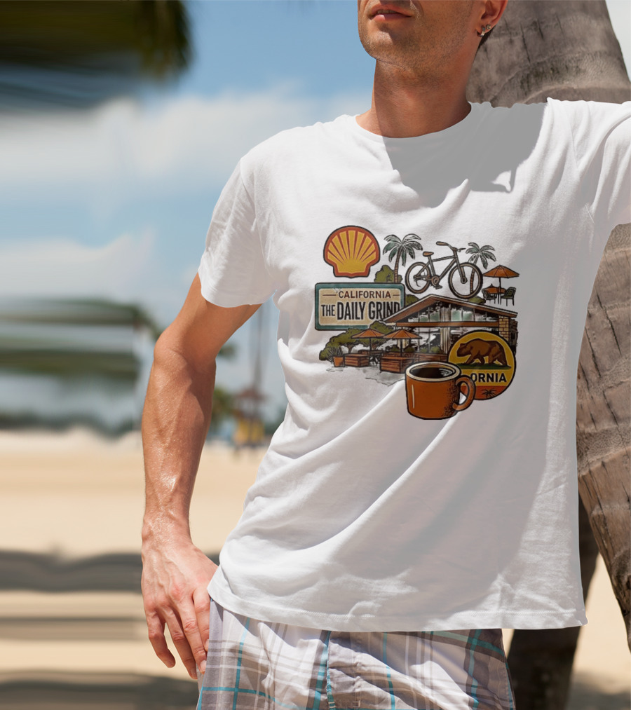 California The Daily Grind Shell Coffee Bear Bike Palms T-Shirt