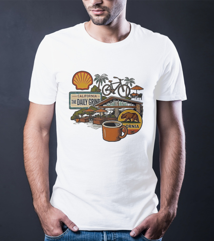 California The Daily Grind Shell Coffee Bear Bike Palms T-Shirt