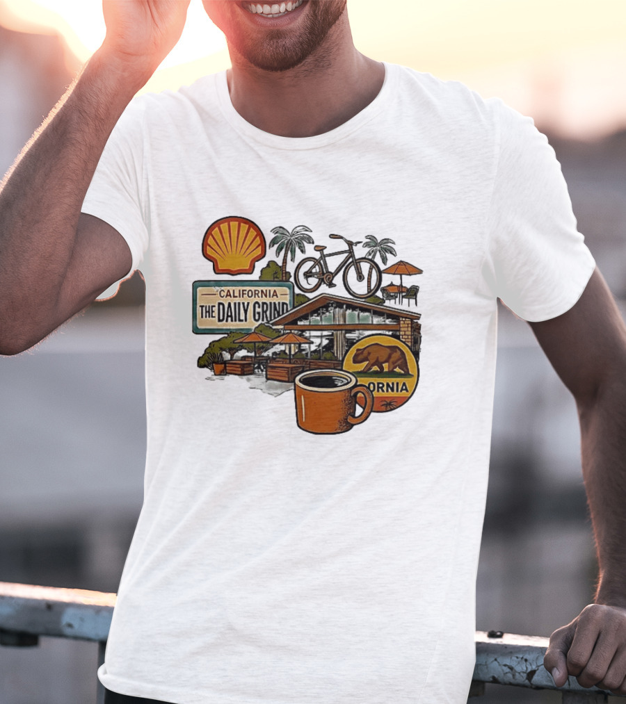 California The Daily Grind Shell Coffee Bear Bike Palms T-Shirt