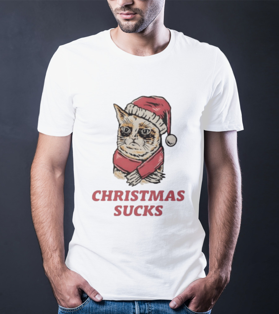 Cat Santa Hat Christmas Sucks Grumpy Humor T-Shirt