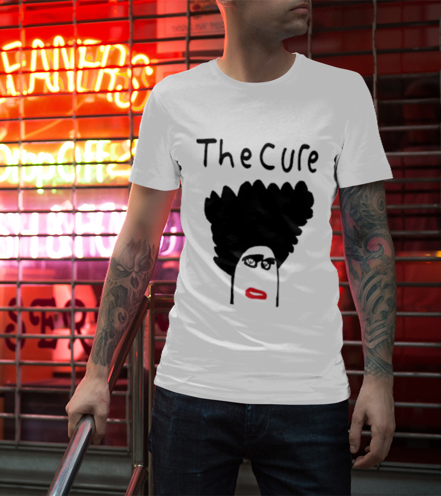 Kieran Maguire Wearing The Cure Text Bold Face Black Hair Red Lips T-Shirt