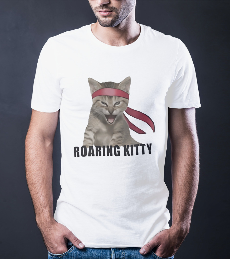Roaring Kitty Kitten In Red Headband Stock Market Meme T-Shirt