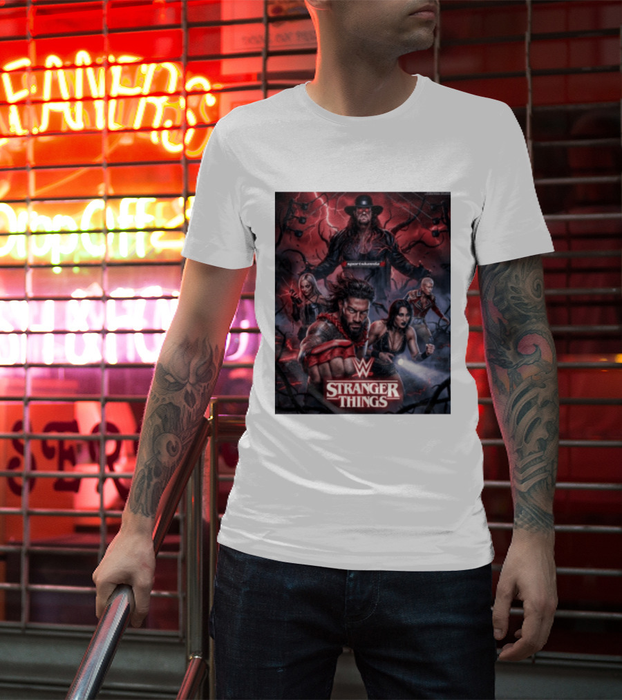 WWE And Stranger Things Crossover With The Undertaker, Roman Reigns, Cody Rhodes, Rhea Ripley, And Liv Morgan T-Shirt