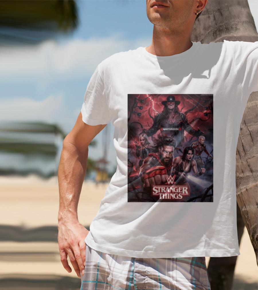 WWE And Stranger Things Crossover With The Undertaker, Roman Reigns, Cody Rhodes, Rhea Ripley, And Liv Morgan T-Shirt