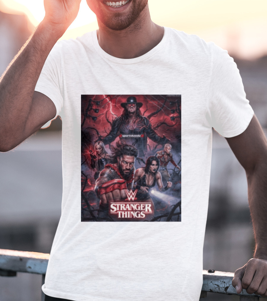 WWE And Stranger Things Crossover With The Undertaker, Roman Reigns, Cody Rhodes, Rhea Ripley, And Liv Morgan T-Shirt