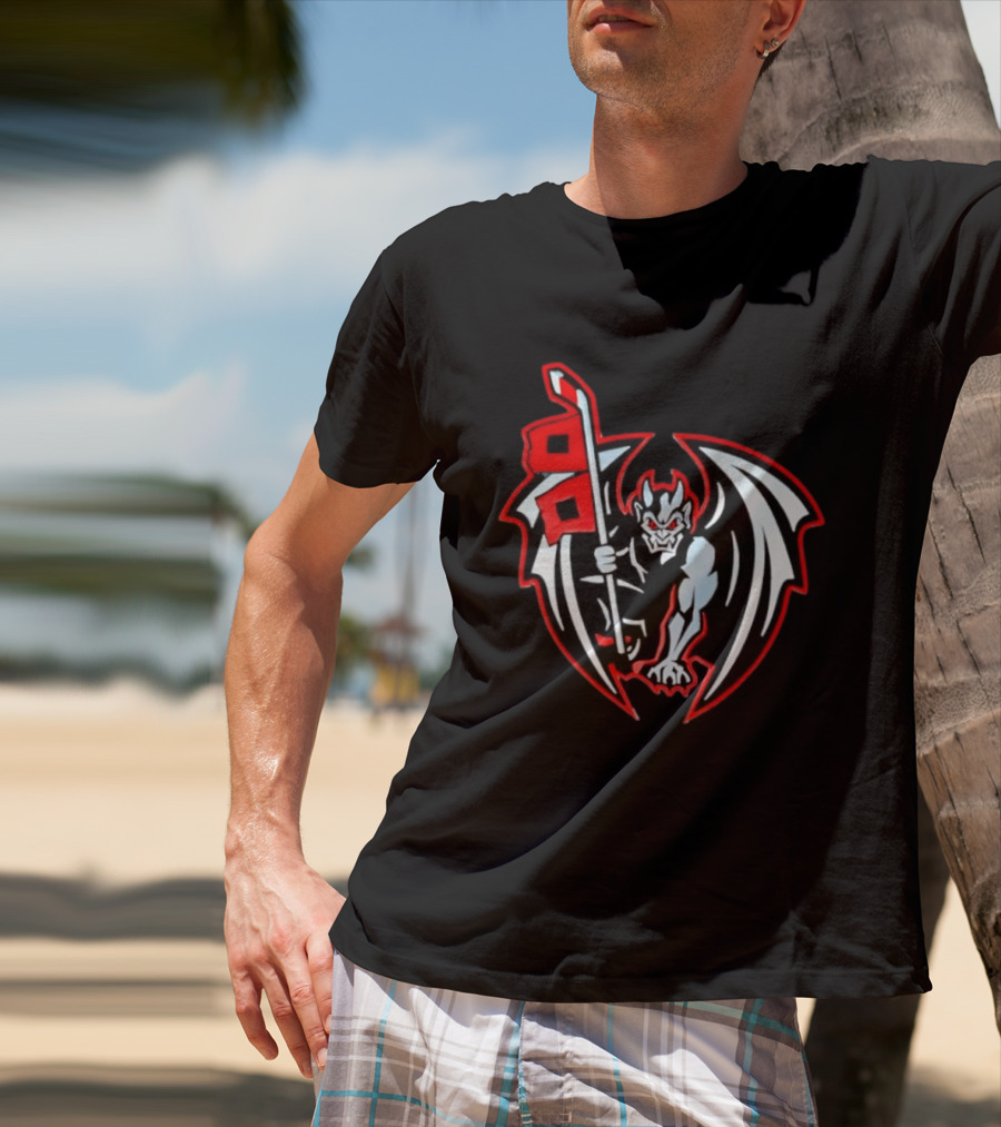 Greensboro Gargoyles Hockey Team Winged Gargoyle Holding Hockey Stick With Red Flag T-Shirt