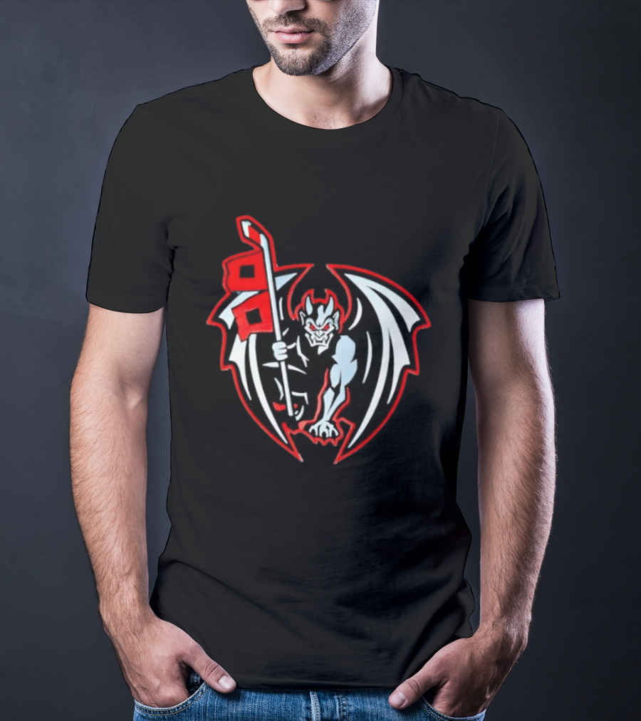 Greensboro Gargoyles Hockey Team Winged Gargoyle Holding Hockey Stick With Red Flag T-Shirt