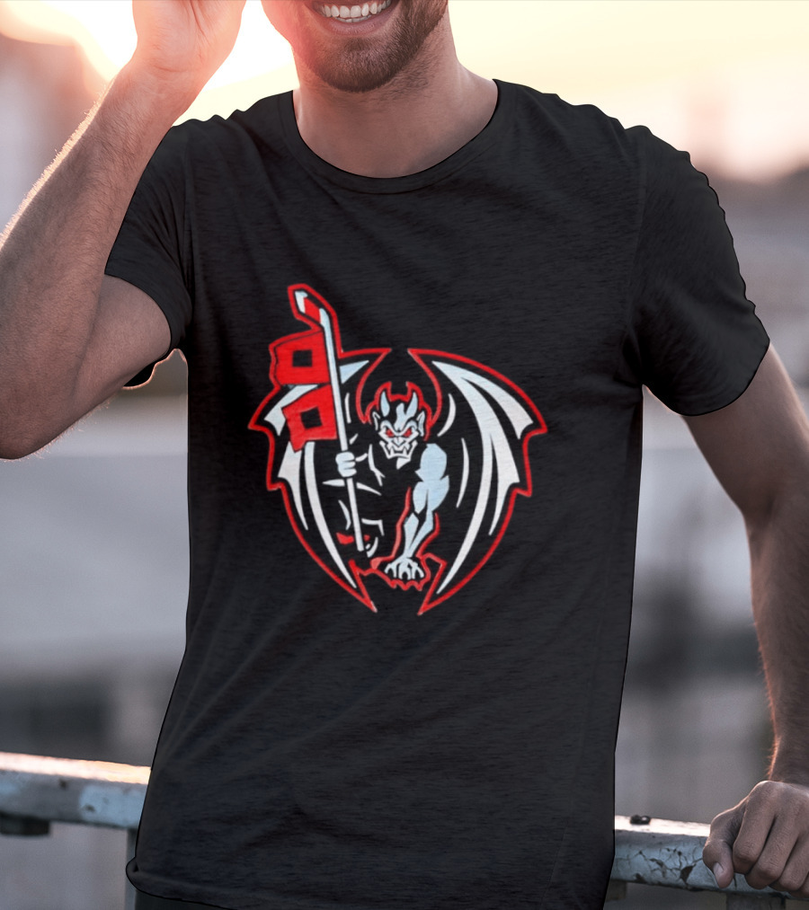 Greensboro Gargoyles Hockey Team Winged Gargoyle Holding Hockey Stick With Red Flag T-Shirt