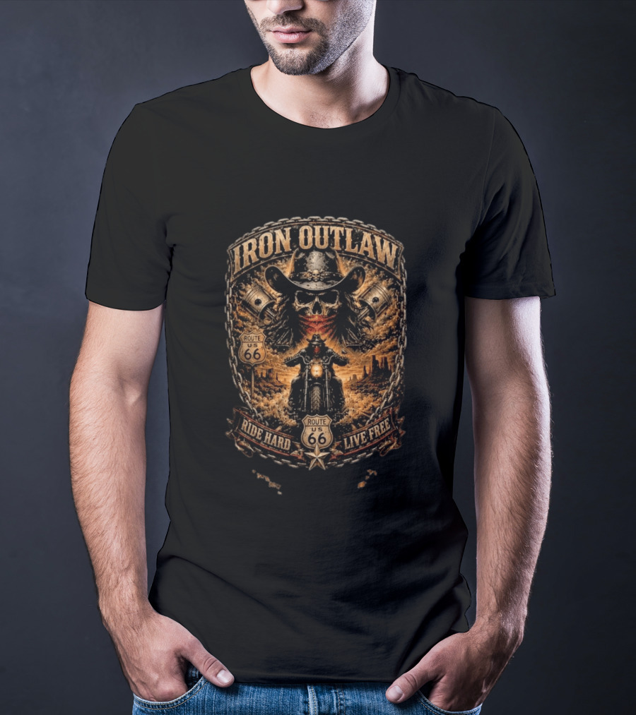 Iron Outlaw Cowboy Skull Motorcycle Route 66 Ride Hard Live Free T-Shirt