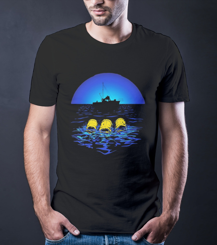 Jaws Orca Boat With Yellow Barrels Steven Spielberg Retro Ocean Scene T-Shirt