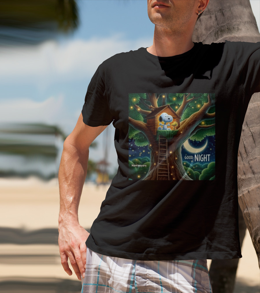 Leave A Heart If You Love Snoopy Good Night Treehouse Moonlit Scene T-Shirt