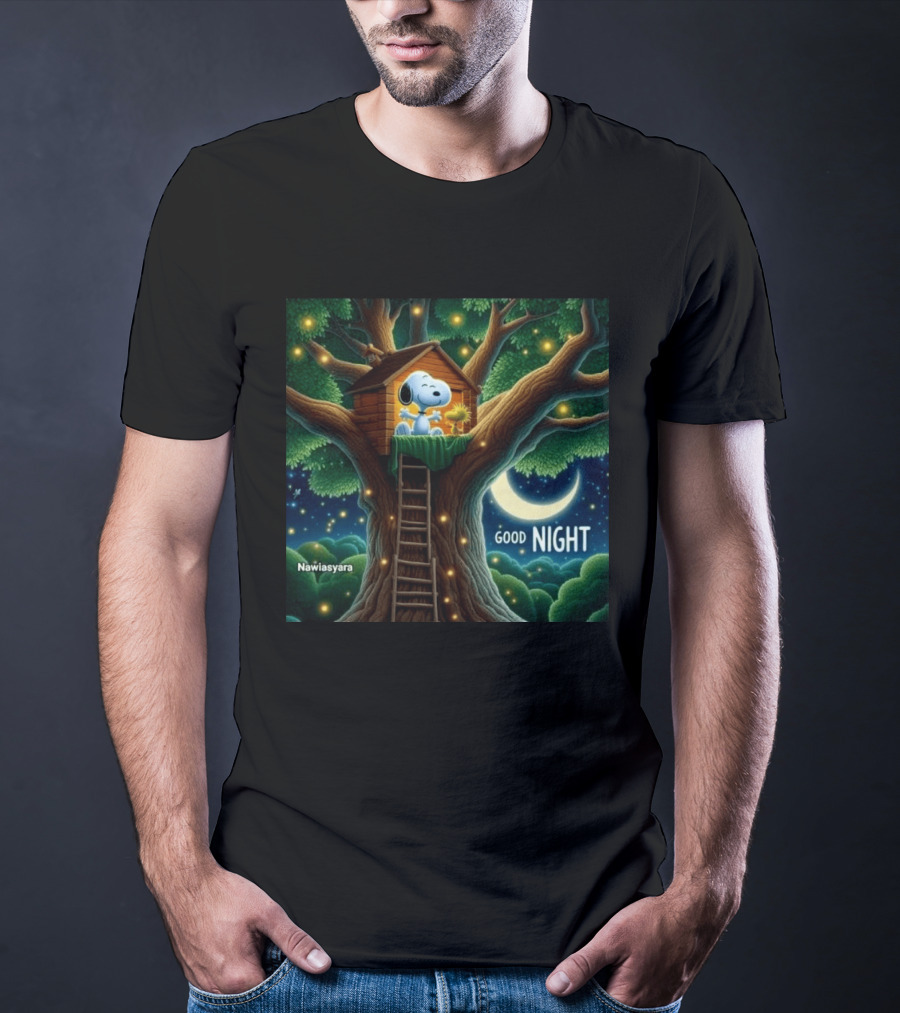 Leave A Heart If You Love Snoopy Good Night Treehouse Moonlit Scene T-Shirt